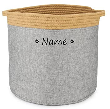 Cuperay Aufbewahrungskorb Runden mit Personalisierte Namen, Faltbare Hunde Spielzeugkorb mit Gewebten Seil Griffe, Aufbewahrung Korb für Die Lagerung Lebensmittel Kleidung und Hundezubehör(Gelb-Grau)