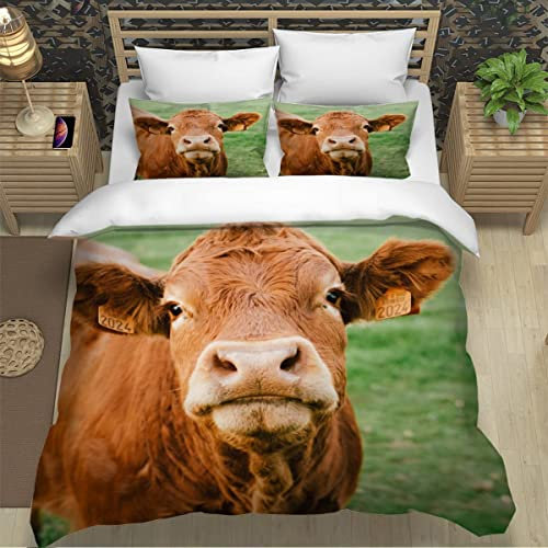 NESKX Vieh Bettwäsche Für Mädchen Jungen 135X200 Bettbezug Mit Reißverschluss & 80 * 80Cm Kissenbezug Kuh Motiv Mikrofaser Winter Warm Bettwäsche Sets 3 Teilig,A32
