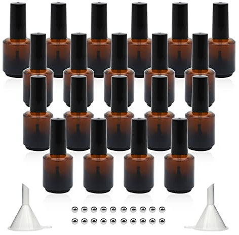 Agidea 20PCS Empty Nail Polish Bottles Amber 15ML/0.5 oz, Empty Dark Glass Refillable Nail Polish Bottles with Brush & Mixing Balls & Funnels,Brown
