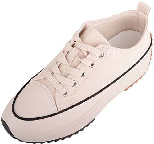 Womens Easy Lace Up Low Top Canvas Chunky Sole Trainers Sneakers - Beige - UK 4