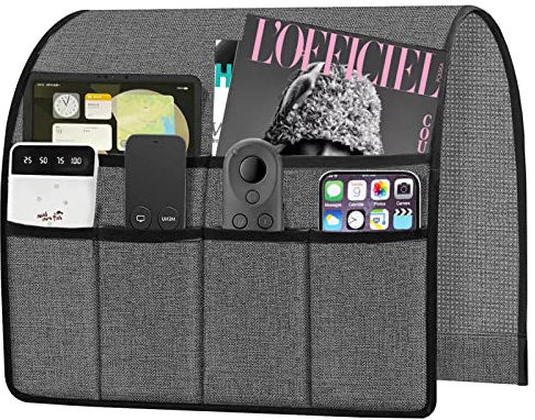 Ntomtuex Sessel-Caddy Fernbedienungshalter für Couch-Liegestuhl, Armlehnen-Tasche, Organizer für Couch, Armstuhl mit 6 Taschen für Zeitschriften, Brillen, iPad, Telefon, Grau