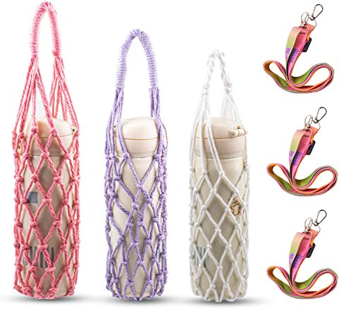 XiyaxiVici 3 Stück Makramee Wasserflaschenhalter Premium Flaschenhalter aus Makramee Vintage Getränketasche Boho Flaschentasche Trinkflasche Bag für Wandern, Picnic