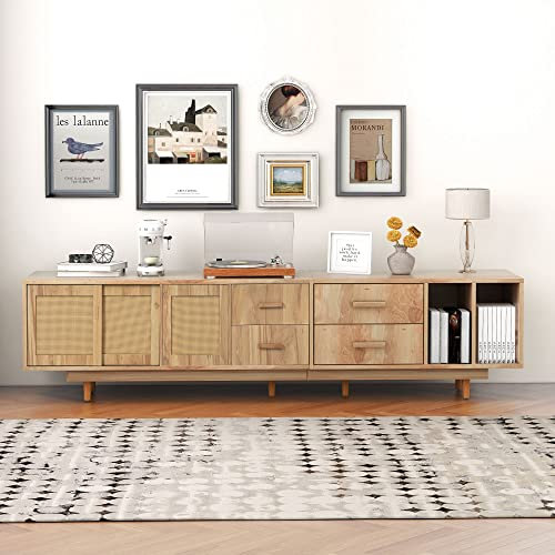 Rattan-TV-Ständer für 80-Zoll-Fernseher, Lowboards, TV-Boards, TV-Schrank, Farmhouse Entertainment Center, rustikaler TV-Konsolentisch, modernes Entertainment Center, Medienkonsole (Natural Oak)