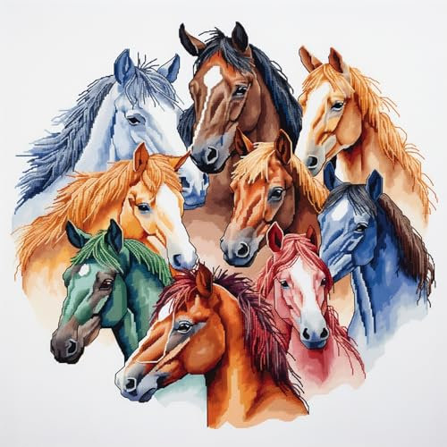 Cukol Pferd Kreuzstich Set Vorgedruckt, Tiere Stickvorlagen Stickbilder Vorgedruckt Kreuzstich Stickpackungen Stickpackung Cross Stitch Embroidery Kit Stickset Sticken Set Erwachsene Anfänger 46x46 cm