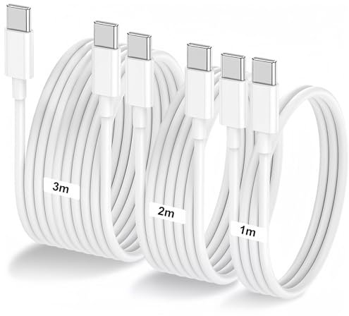 Lot de 3 Câble USB-C vers USB-C 60W Blanc 1M/2M/3M Câble Chargeur de charge rapide pour Apple MacBook Pro, iPad Pro, iPhone 15/15 pro, Samsung, Google Pixel, Fire Tablets, Kindle Paperwhite
