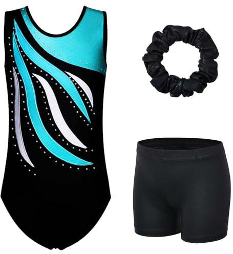 XFGIRLS Gymnastikanzug für Mädchen, langärmelig, funkelnd, Tanzen, ärmellos, Mädchen, Ballett, Gymnastik, Shorts, 3–15 Jahre, Schwarz Blau_Ärmellos, 14 - 15 Jahre