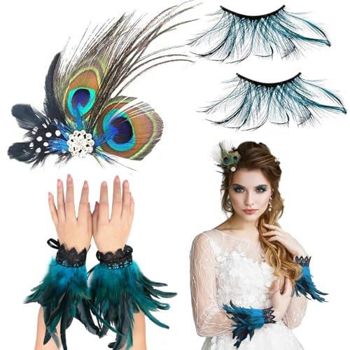 Huahuanghui Feder Manschetten Mit Wimpern und Haarschmuck - Armbänder für Pfau Kostüm Damen - Halloween Karneval Cosplay