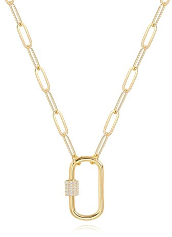 KOOUNUATA 18K Gold Paperclip Chain Necklace Fashion CZ Pave Oval Screw Lock Carabiner Clasp Pendant Necklace Geometric Link Chain Layering Jewelry for Women