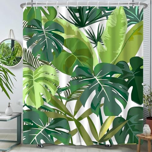 ARRITS Duschvorhang Dunkelgrün 180x180cm, Textil Anti Schimmel Wasserdicht Dschungel Tropische Blätter Duschvorhänge, Beschwerter Saum Polyester Stoff Waschbar Badevorhang für Badewanne mit 12 Haken