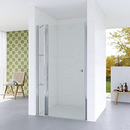 Nischentür Dusche 125 cm Verstellbereich 122,5-125 cm mit Duschtür Drehtür Schwingtür und Seitenteil, Chromoptik, Innen- und Außenöffnung, 5 mm ESG Echtglas klar, Acryl- Eckregalen, Höhe 187 cm