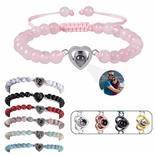 Wonvin Collection Personalisierte Projektion Armband mit Foto individuelles Bild und verschiedene in Stein Geschenke für Mama Papa Freund Freundin Männer Frauen Paare (Perlen Herz)