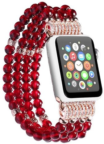Pearl Beaded Stretch Bracelet Band for Apple Watch Series 9/8/7/6/5/4/3/2/1, SE, 38mm/40mm/41mm/42mm/44mm/45mm (38mm/40mm/41mm, Red)