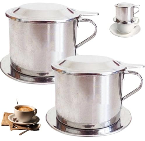 Vietnamese Coffee Dripper 2Pcs Set Stainless Steel Coffee Dripper Set Includes Lid, Tray, Filter, Vietnamese Coffee Maker with Handle, Slow Drip Coffee Maker, Vietnamese Coffee Filter, Coffee Drippe
