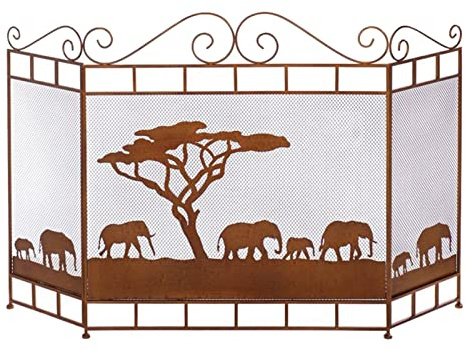 Mampara De Chimenea Plegable con Diseño De Elefante Y Árbol, 3 Paneles De 82 Cm De Alto, para Fogón De Carbón O Estufa De Leña, Divisor De Estufa para El Hogar,Brown