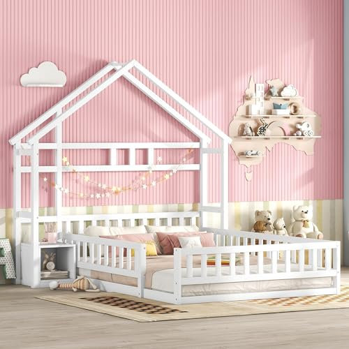 BXEYXE 140 x 200cm Kinderbetten, Flachbetten, Hausbetten mit Geländer, Kinderbetten mit Nachttischen, Weiß