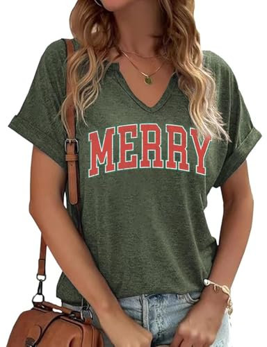 Earlymemb Camiseta de manga corta con cuello en V para mujer, divertida camiseta de manga corta para vacaciones familiares, Z verde, S