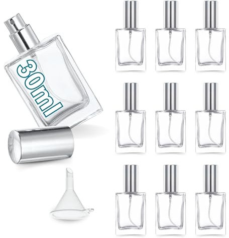 10 frascos de perfume vacíos recargables, 30 ml, con embudo, vaporizadores de viaje de vidrio transparente con pulverizador plateado, ideales para recargas, muestras
