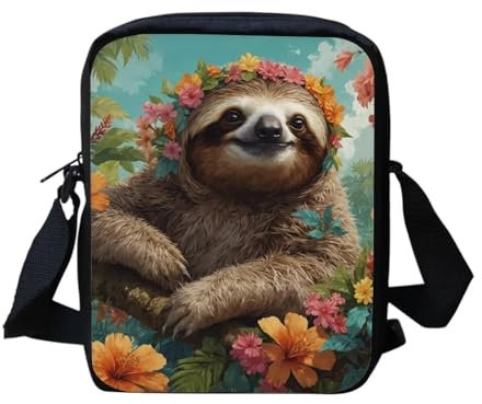 TOADDMOS Niedliche, individuell bedruckte Umhängetasche für Damen, Reise-Schultertasche mit verstellbarem Riemen, Lustiges Blumen-Faultier