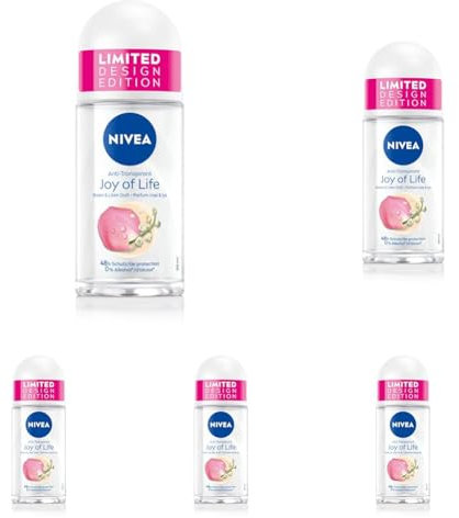 NIVEA Joy of Life Deo Roll-On, Antitranspirant ohne Alkohol mit effektivem 48 Stunden Schutz, Deodorant Roll-on mit Rosen & Lilien Duft (50 ml) (Packung mit 5)