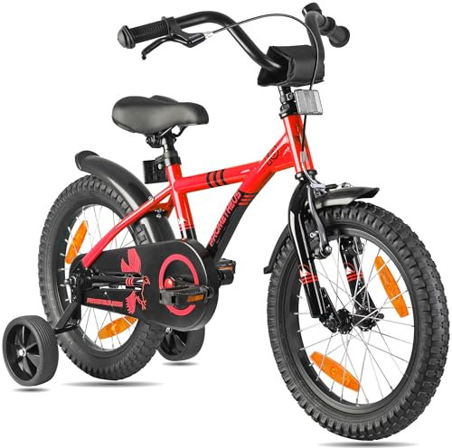 PROMETHEUS BICYCLES Kinderfahrrad 16 Zoll ab 5 Jahren - Kinder Fahrrad Mädchen Jungen Fahrrad Kinder mit Stützräder Rücktrittbremse in Rot Schwarz