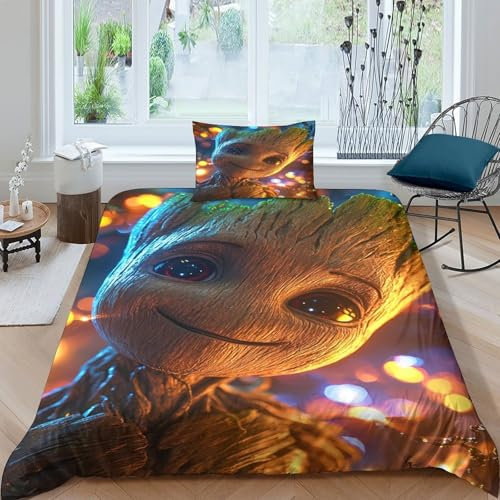 HITBOD Bettgarnitur Groot 3D Gedruckt Bettbezug Set Sanft Mikrofaser 2 Teilig Mit Kissenbezug Und Reißverschluss Single(135x200cm)