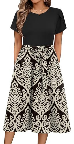 Zeagoo Sommerkleid Damen Elegant Tunika Kleid Blumenkleid Kurzarm Knielanges Swing Kleid Casual A Linie Rundhals Kleid mit Gürtel und Taschen FloralD L