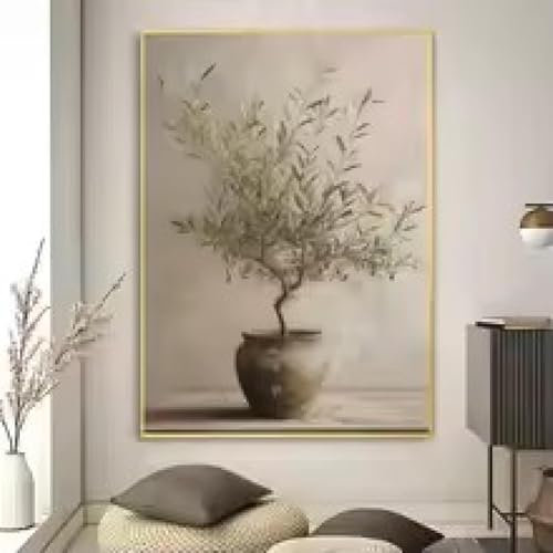 XBTYKPB Dipinti di ulivo vintage in vaso, poster, stampe artistiche, bar, soggiorno, arredamento, quadri da parete, tela, decorazione da parete, 50x70 cm con cornice