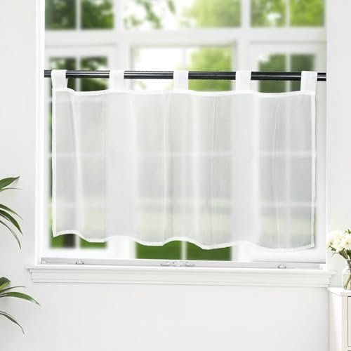 LUKDUNG Scheibengardinen Voile Bistrogardine, Kurzstore Gardine Transparente, Kurzvorhang mit Schlaufen, Küchen Vorhang, Kurzgardine Gardine Stores, Weiß, 1er Pack, HxB 60x90cm
