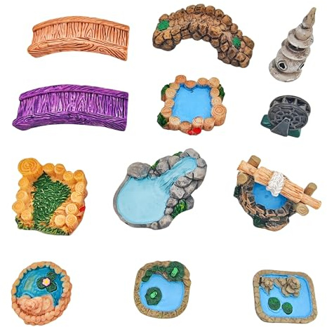 YOZIEMQ Accessoires de jardin miniatures – Lot de 12 micro décorations de paysage avec étang, phare, pont, décoration réaliste en résine pour loisirs créatifs, cadeau pour les amateurs de plantes et