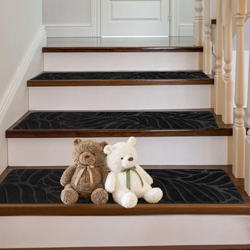 M.J COMFY-LIFE 15 PCS Stair Tread Pads Stair Mats Carpet Non-slip Step Protectors - 65x20cm Reusable Stair Runner Rugs Covers Stair Protection Mats for Home Indoor Pets Kids Elders (black, 15pcs)