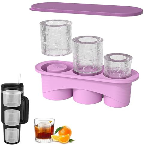 Toyone Stanley Cup - Stampo per cubetti di ghiaccio in silicone con coperchio, 3 scomparti per tumbler, whisky, cocktail e altro ancora (viola)