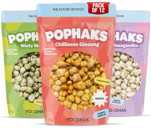 FOODHAK Pophaks Variety Pack of 12 (4 x 3, 25g) – Vegan Superfood Lotus Seed Snacks – Chillimon Ginseng, Salted Ashwagandha, and Minty Moringa Flavours – Low-Calorie, Healthy Popcorn Alternative