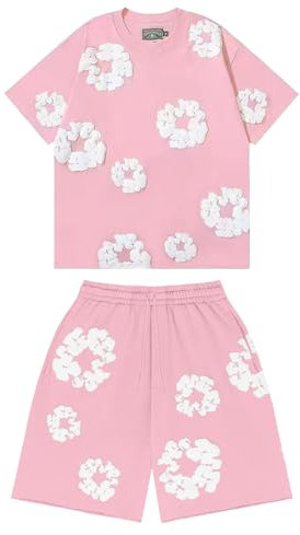 Set di 2 magliette e pantaloncini da uomo, comodo abbigliamento estivo, oversize, sport, tuta da jogging, a maniche corte, Hip Hop, unisex, con stampa a corona in cotone, 02 rosa., L