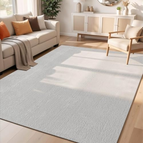 Comfy Washable Plain Non-Slip Living Room Area Rug, Silver, 200x280cm