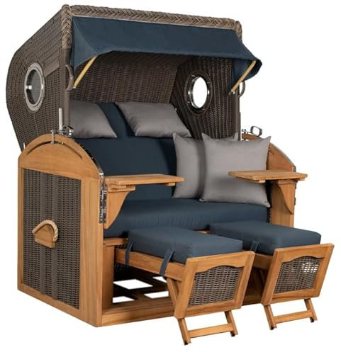 MR. DEKO® Strandkorb Schillig 2,5-Sitzer Teak | PE Geflecht Grey | Volllieger Strandstuhl mit Bullauge inkl. 2 Fußablagen | je 2 Kissen und Nackenkissen | Strandkörbe aus Teak Vollholz (Dessin 593)