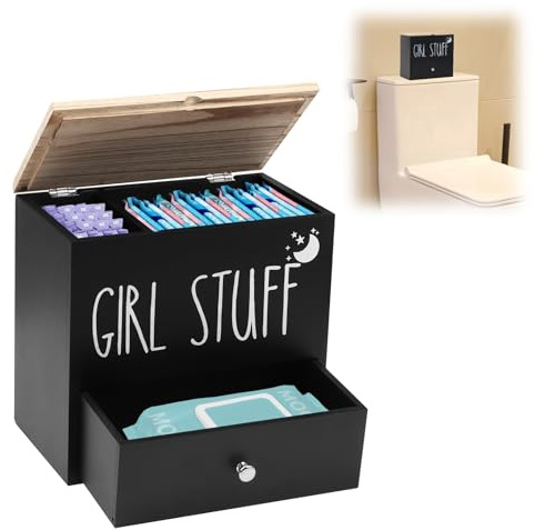 Yallmie 2 Fächer Binden Aufbewahrung Badezimmer, 24x14.1x22.2cm Tamponhalter für Badezimmer mit Deckel, Tampon Aufbewahrungsbox Holz Aufbewahrungsbox Hygieneartikel Wattepads Aufbewahrung (Schwarz-2)
