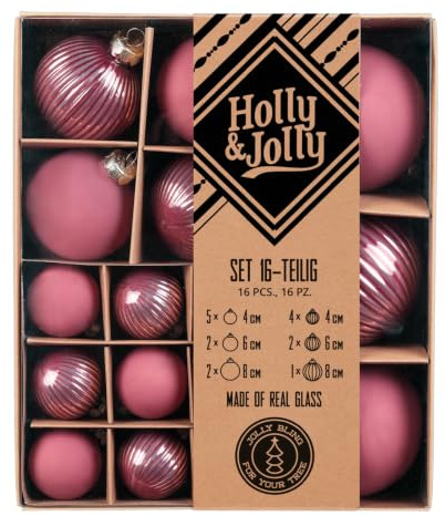 Holly & Jolly - Weihnachtskugeln mit Struktur Dusty Rose, 16 Stück | Christbaumkugeln aus Glas, ca. 4, 6 und 8 cm, Weihnachtsbaumschmuck in Pflaume, matt & strukturiert, Weihnachtsdeko