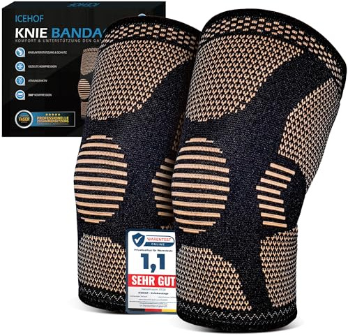 ICEHOF Kniebandage Männer & Damen mit Kupferionen - 360° Kompression, Anti-Rutsch & atmungsaktiv - Kniestütze Knieschoner Bandage Knie - Stabilisierung bei Meniskus, Arthrose - 1 Paar (XL)