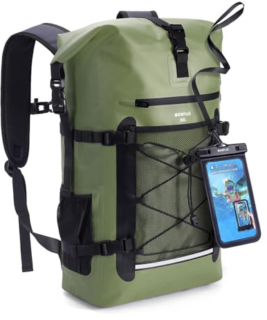 ECOHUB Wasserdichter Rucksack, Rolltop mit IPX8 Handyhülle & Atmungsaktive Rückenpolsterung, Dry Bag für Kajak, Bootfahren, Wandern, Camping, Angeln, Rafting, Lieferfahrer, 30L, Grün