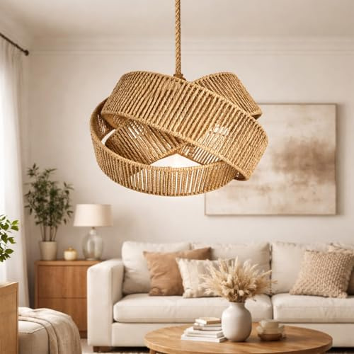 Voltico Rattan Lampshade 30cm Pendant Light Shade Handwoven Wicker Ring Ceiling Shade Boho Natural Hanging Lampshade for Living Room Bedroom Dining Room