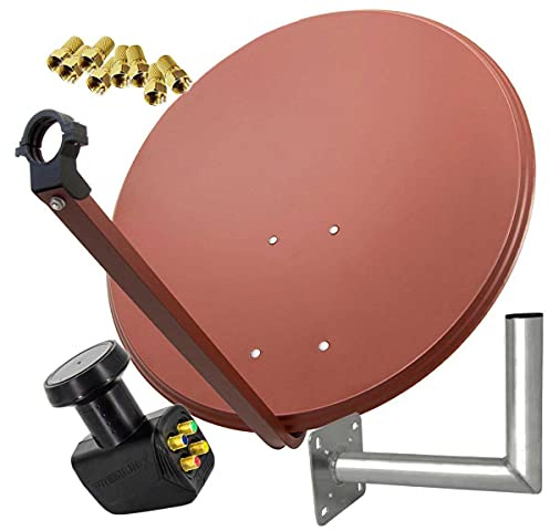 PremiumX Satelliten-Komplettanlage 80cm Satellitenschüssel Ziegelrot Quad LNB 8X F-Stecker Wandhalter 25cm, SAT bis 4 Teilnehmer
