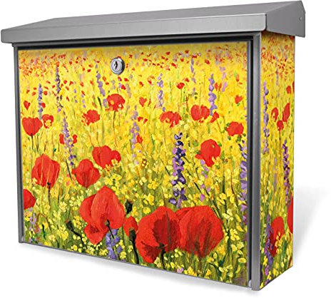 banjado® Burgwächter Briefkasten Edelstahl 38,5x31,5x12cm mit Motiv Feld Mit Mohnblumen/Briefkasten Edelstahl ohne Zeitungsfach/Briefkasten grau/Postkasten inkl. Montagematerial & 2 Schlüsseln