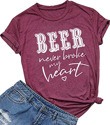 YUYUEYUE Beer Never Broke My Heart T-Shirt Frauen Brief Print Kurzarm Lustig Spruch Tops Tee, Rot/Ausflug, einfarbig (Getaway Solids), Mittel