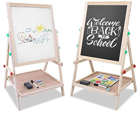 Ejoyous Tafel kinder Holz kindertafel, 2 In 1 Doppelseitiges Höhenverstellbar Standtafel Schreibtafel Staffelei Hölzern Magnettafel Spieltafel für Kinder für Kinder ab 3-12 Jahren 65x35x31 cm