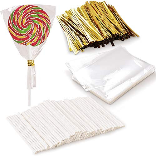 Newk 1000 PCS Lollipop Set Including 100 Pack Lollipop Treat Sticks, 100 Pieces of Lollipop Parcel Bags, and 800 Pieces of Wire Lines