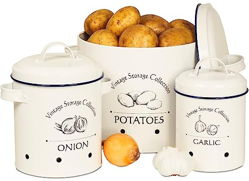 Gadgy Caja para Guardar Patatas Cebolas y Ajos | Juego de 3 Cajas Metalicas Vintage | Organizador Frutas y Verduras | Botes Cocina Almacenaje Vintage