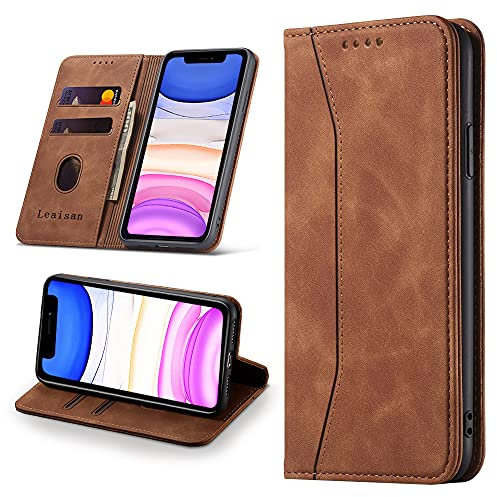 Leaisan Handyhülle für iPhone 11 Hülle Premium Leder Flip Klappbare Stoßfeste Magnetische [Standfunktion] [Kartenfächern] Schutzhülle für iPhone 11 Tasche - Braun