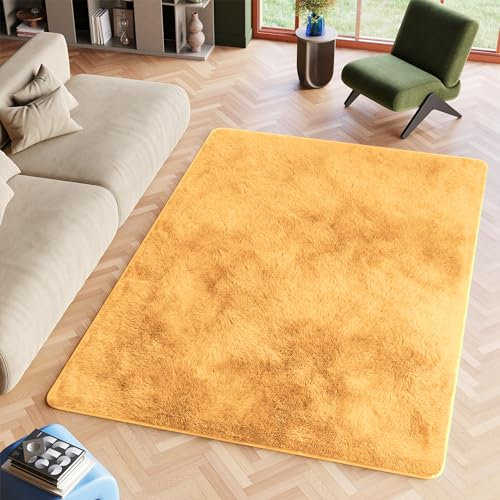 TAPISO Silk Teppich Shaggy rutschfest Senfgelb Einfarbig Antirutsch Hochflor Langflor Modern Schlafzimmer Wohnzimmer Bedvorleger ÖKO-TEX 80 x 150 cm