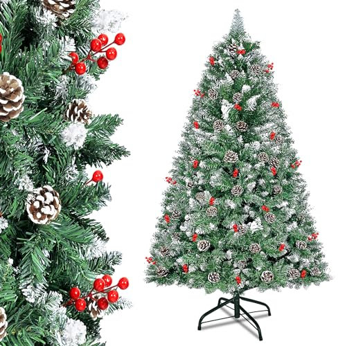 UISEBRT Albero di Natale Artificiale in PVC verde Abete per decorazioni natalizie, bianco naturale con fiocchi di neve, Base Metallica (con effetto neve e pigne, 180 cm)