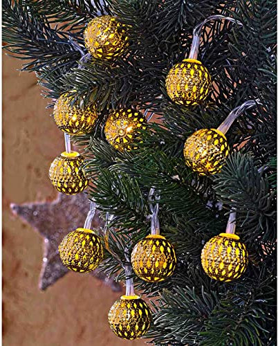 LED Lichterkette mit 10 Kugeln Ø 2,5 cm Warmweiß Batterie Kugelkette Orientalische Weihnachtsbeleuchtung Batteriebetrieben (Gold)